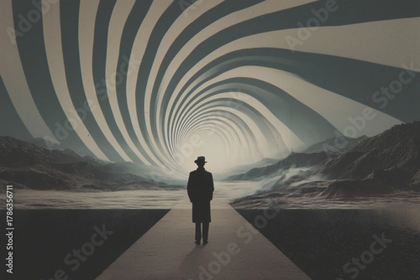 Fototapeta Surreal scene of a man in a hat standing on a path leading into a swirling vortex landscape
