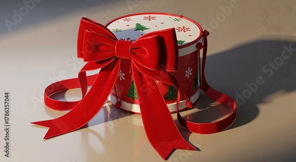 Fototapeta Red Christmas gift box with ribbon and festive decorations. Drum with Christmas bow. 