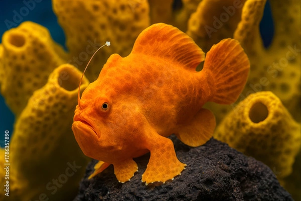 Fototapeta Observe the vibrant orange Frogfish (Antennarius pictus) perched atop a dark rock, amidst a backdrop of soft yellow sea sponges in the deep ocean depths.