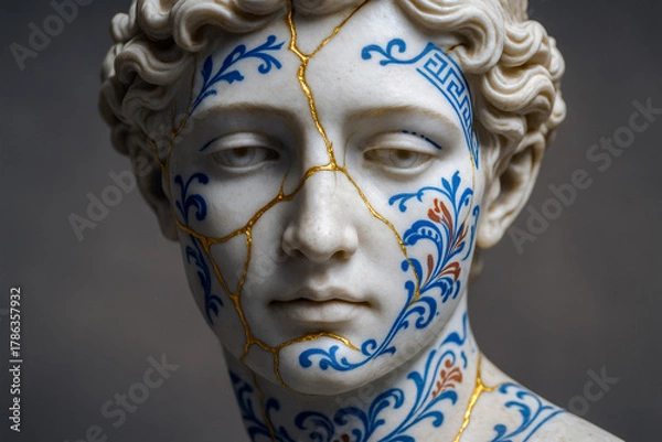 Fototapeta Kintsugi art on a marble bust, with elegant gold and blue floral patterns adorning its surface, symbolizing strength and beauty.