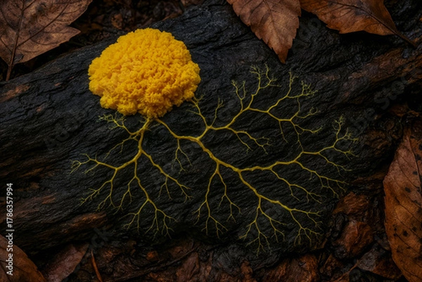 Fototapeta A slime mold, Physarum polycephalum, exhibits vibrant yellow veins on a dark, damp log amidst fallen leaves in an autumn forest setting.