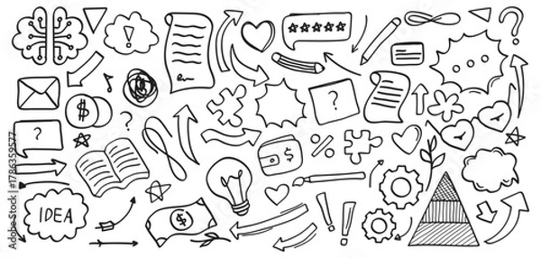 Obraz Hand Drawn Black Doodle Ideas Thinking and Knowledge and Business Icon Collection.
