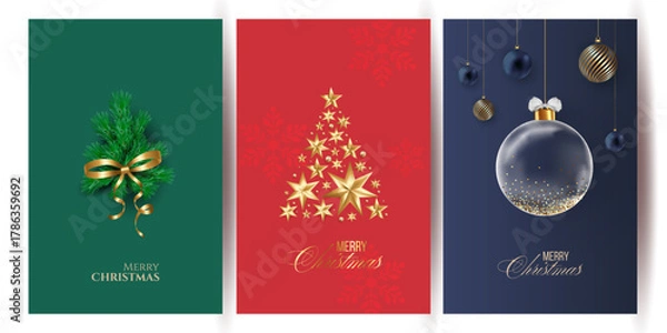 Obraz Merry Christmas and Happy New Year background for Greeting cards with tree Branches christmas tree gold paper and gold stars. Merry Christmas vector text Calligraphic Lettering Vector illustration