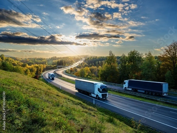 Obraz Three trucks driving on the highway winding through forested landscape in autumn colors at sunset