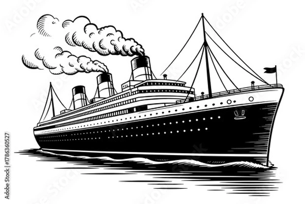 Fototapeta Detailed Black and White Engraving of a Vintage Four-Funnel Ocean Liner Steaming Through Water in Three-Quarter View