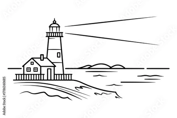 Fototapeta Minimalist Black Outline Lighthouse Scene with House, Cliff, Sea, and Light Beams on White