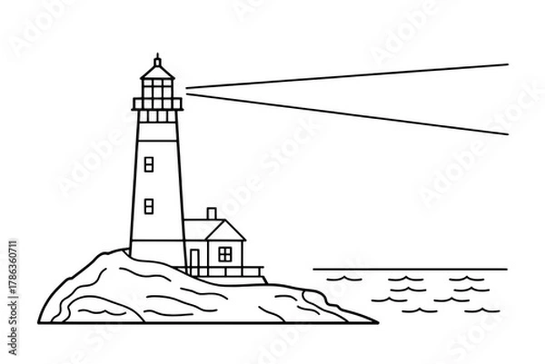 Fototapeta Minimalist Black Outline Illustration of a Lighthouse on a Rocky Coastline with a Radiant Light Beam, on a White Background
