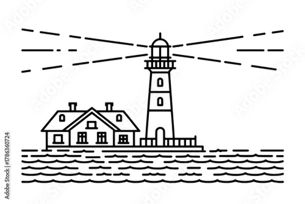 Fototapeta Minimalist Black Outline Lighthouse Scene with Keeper's House, Wavy Water, and Emitting Light Beams