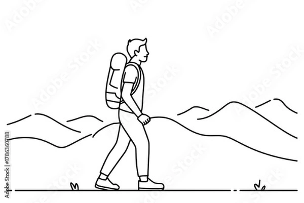 Fototapeta Minimalist Line Art of a Male Hiker with Backpack, Profile View, Walking on a Path against an Abstract Mountain Range, Black Outline on White Background