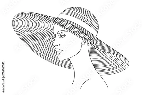 Fototapeta Elegant Black Outline Portrait of a Woman in Profile, Wearing a Wide-Brimmed Sun Hat with Textured Brim and a Hexagonal Pattern Hatband on a White Background.
