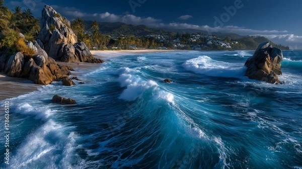 Fototapeta dreamy beautiful blue ocean with white wave surround with mountain landscape 