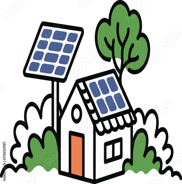 Fototapeta Illustrated house with rooftop solar panels and outdoor array, symbolizing clean renewable energy and sustainable future