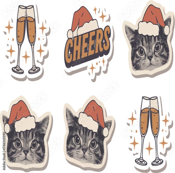 Fototapeta Set of six festive holiday stickers featuring adorable cats in Santa hats, champagne flutes, and a 'Cheers' text for celebration.