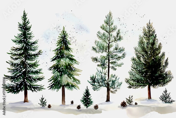 Obraz Watercolor painting of various evergreen trees in a snowy landscape
