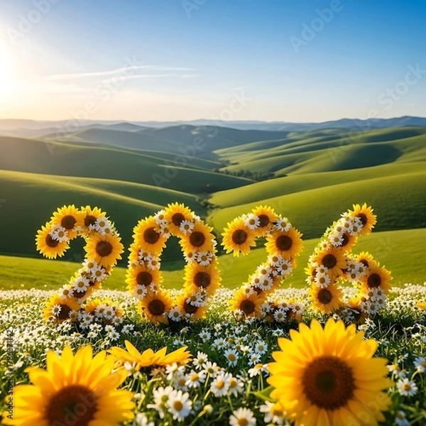 Fototapeta Sunflowers form the year 2026 in a rolling green landscape