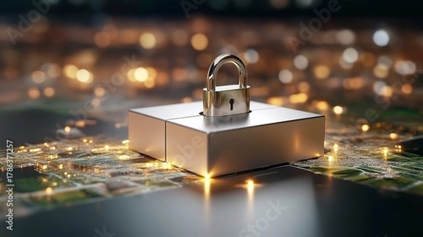 Obraz An abstract representation of a digital lock on a glowing globe, protecting interconnected networks