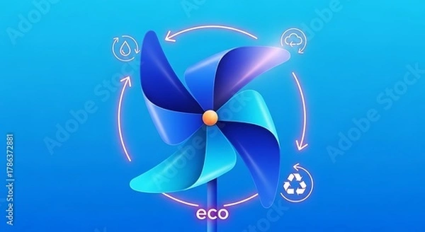Obraz Vibrant Blue Pinwheel Whirligig Illustrating Environmental Sustainability and Circular Economy Concepts with Glowing Neon Icons for Water Droplet Recycling and Atmospheric Cloud Formation on
