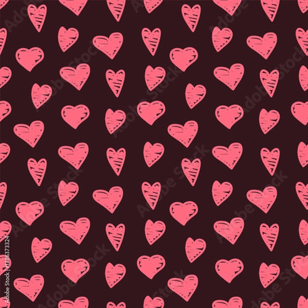 Fototapeta Seamless vector pattern with hearts drawn with a red marker on a dark background