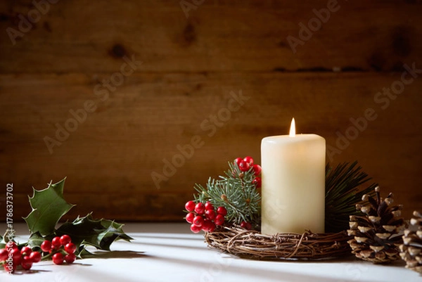 Obraz White candle with natural holly berries