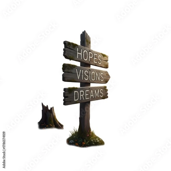 Fototapeta hopes visions dreams text engraved on wooden signpost outdoors in nature. Panorama fomate