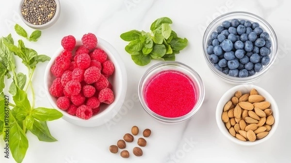 Fototapeta vibrant flat-lay of colorful fresh fruits, vegetables, nuts, and seeds arranged beautifully on a white marble background, symbolizing healthy eating
