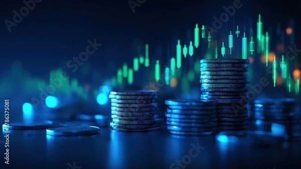 Fototapeta Cryptocurrency investment growth with glowing stacked coins, vibrant green candlestick trading chart, digital financial analysis and forex market visualization on dark blue background
