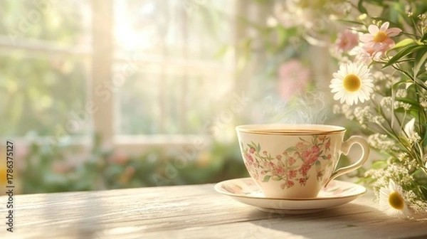 Obraz Hot tea cup kept near window and monsoon feel