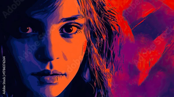 Fototapeta Abstract digital portrait of a woman with bold colors and geometric shapes for International Day for the Elimination of Violence against Women