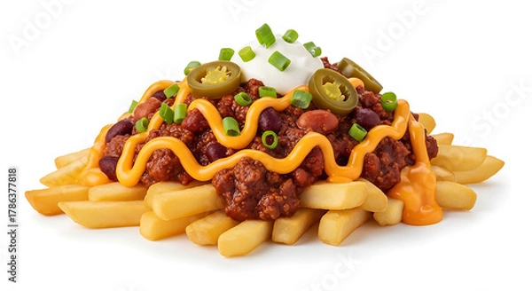 Fototapeta Delicious chili cheese fries topped with jalapenos and sour cream isolated on transparent background