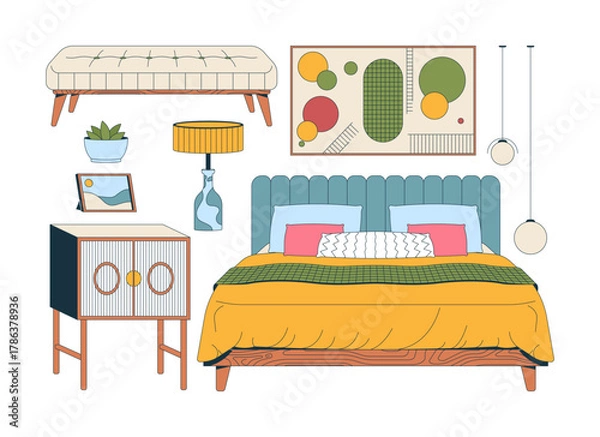 Obraz Modern cozy bedroom interior 2D cartoon objects set. Eclectic upholstered bed, bedding, hanging lamps, cabinet isolated elements flat vector clip arts on white. Spot illustrations collection