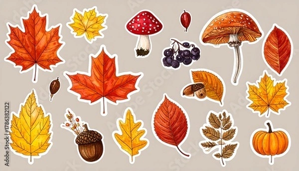 Obraz Autumn Sticker Set - Vibrant Leaves, Mushrooms, and Berries.
