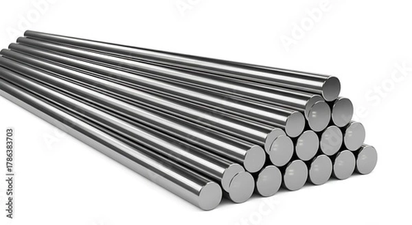 Fototapeta A neatly stacked pyramid of shiny, metallic cylindrical rods on a clean white background. 