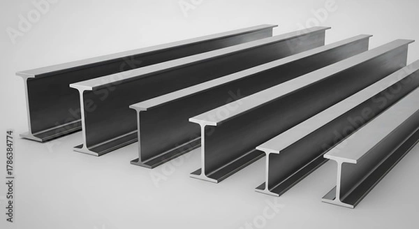 Fototapeta A staggered arrangement of multiple steel I-beams, showcasing their robust structural profile on a clean, light grey background.