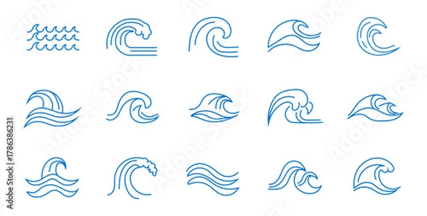 Fototapeta Blue ocean wave line icons collection. Sea wave with splashes, blue ocean wavy decorative shapes. Water linear marine decoration. Abstract simple graphics, nautical oceanic surf symbols vector set.