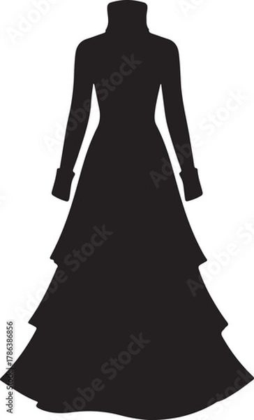 Obraz Silhouette of elegant tiered dress with high collar and long sleeves for fashion. Vector