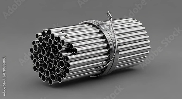 Fototapeta  Bundle of Polished Stainless Steel Tubes or Pipes, Neatly Secured with Metal Strapping, Representing Raw Materials and Components for Various Industrial Applications Including Construction