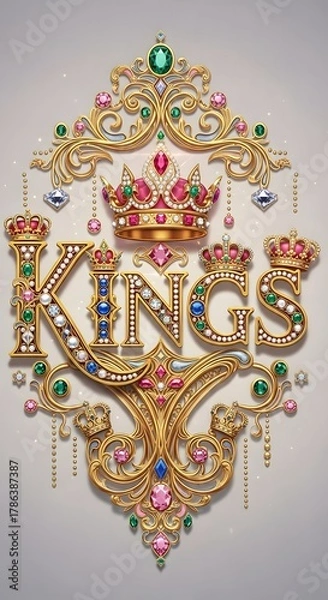 Fototapeta Ornate golden word kings adorned with sparkling precious gemstones and royal crowns in opulent decorative design