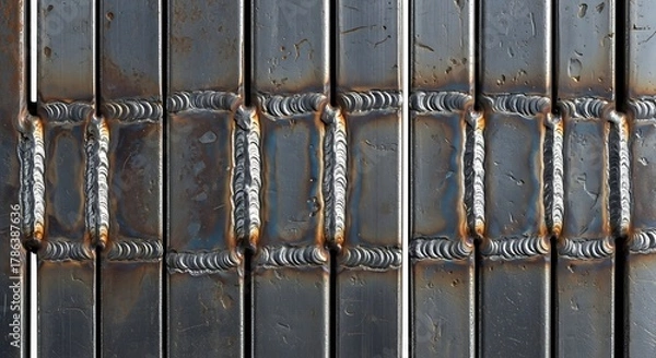 Fototapeta A detailed close-up showcasing a series of strong and expertly crafted metal welds connecting square steel bars, creating a robust and industrial pattern.