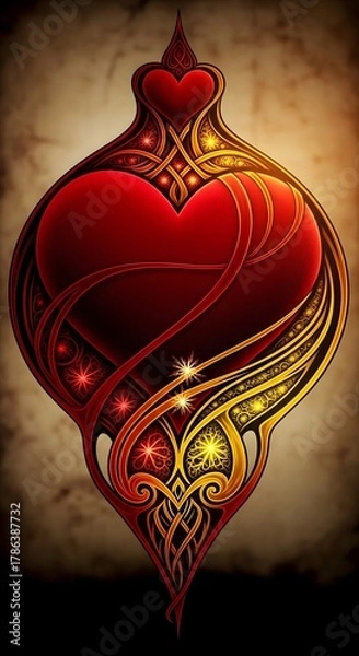 Obraz Ornate red heart ornament with intricate gold filigree and swirling embellishments on textured background