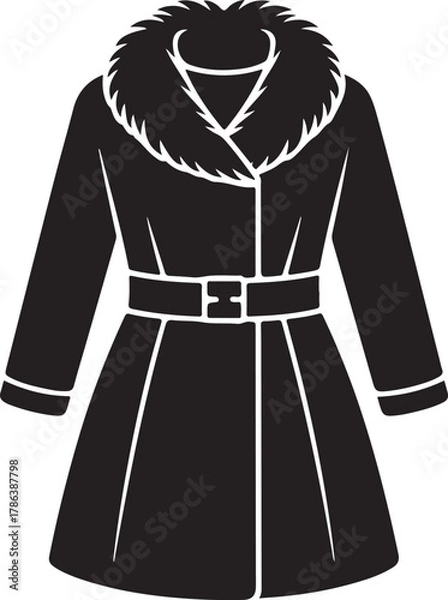 Obraz Stylish black winter coat with luxurious fur collar and belt, classic outerwear icon design Vector