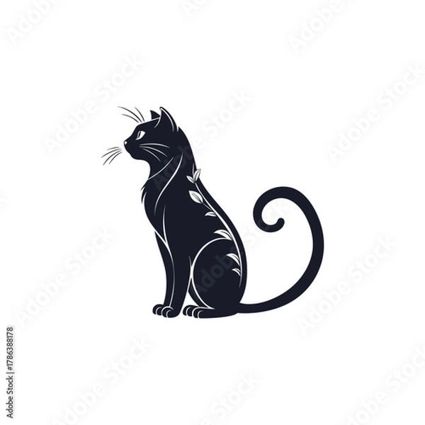 Fototapeta Elegant Black Cat Silhouette with Curled Tail on White Background