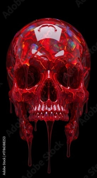 Fototapeta Visceral and terrifying red crystal skull dripping with liquid blood against a stark black background