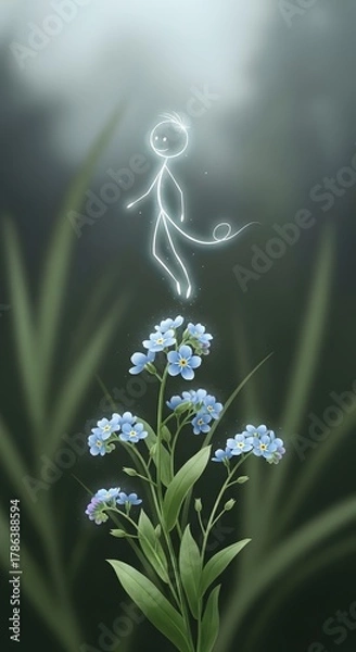 Fototapeta A delicate ethereal glowing spirit dancing above a cluster of small blue forget me not flowers in a soft natural setting