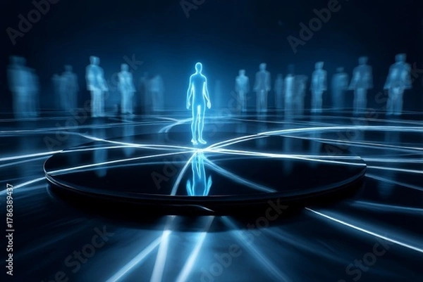 Obraz Digital human figure standing on glowing neon light lines, abstract futuristic technological concept background. Digital human figure