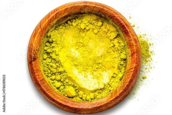 Fototapeta Bright yellow powder in a rustic wooden bowl, isolated on a clean white background. Vibrant pigment, spice, or cosmetic ingredient, viewed from directly above.