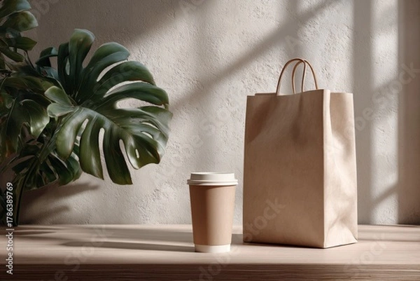Fototapeta Blank paper bag mockup and a coffee cup on a wooden table in front of a window with a monstera plant and deep shadows. Eco-friendly packaging template, cozy retail design display with natural light.