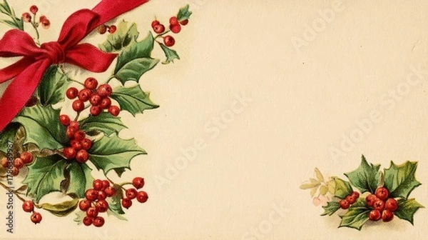 Obraz Vintage christmas card border with red ribbon and holly berries on a textured cream background