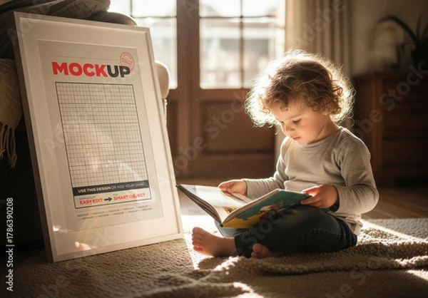 Obraz Frame Poster Mockup with Child Reading
