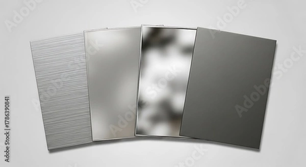 Fototapeta A compelling comparison of four distinct metal finishes and textures, including brushed, satin, polished (with reflections), and matte surfaces, arranged side-by-side on a clean, neutral background.