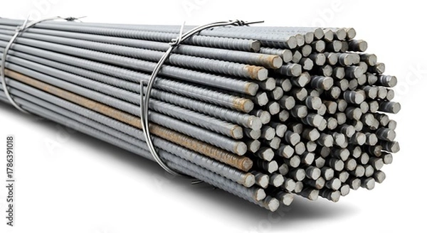 Fototapeta A tightly bundled stack of steel rebar, essential reinforcement bars for concrete, presented in a close-up shot with a sharp focus on its textured surface and bundled ends. 